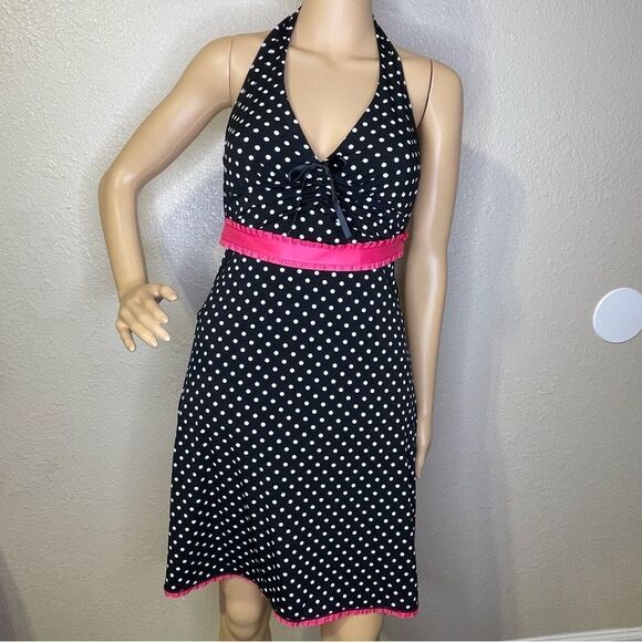 Rampage Halter Polkadot Dress Black and White With Pink Sewn On Sash And Hem Med - Picture 1 of 11